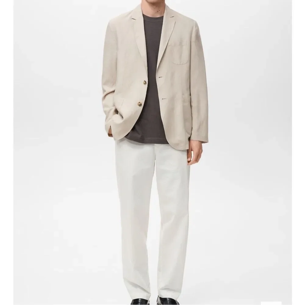MNG by MANGO $250 Delave Smart Slim Fit Linen Lyocell Blazer Ecru Mens 46 NEW